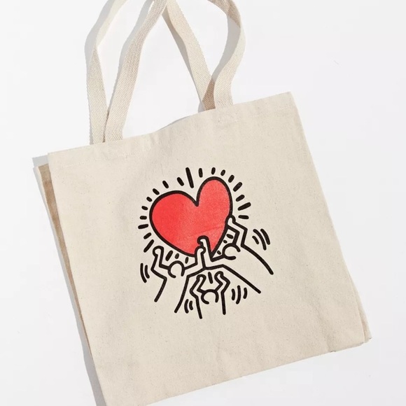 Urban Outfitters Keith Haring Holding Heart Tote Bag, Tan/Black/Red, NWT - Picture 2 of 13